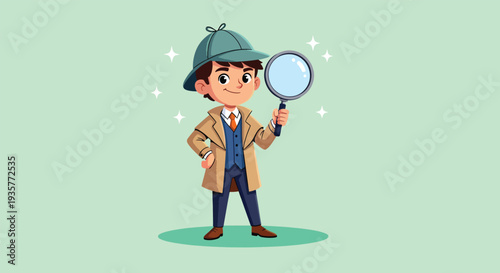Young Detective Character with Magnifying Glass Vector Illustration.