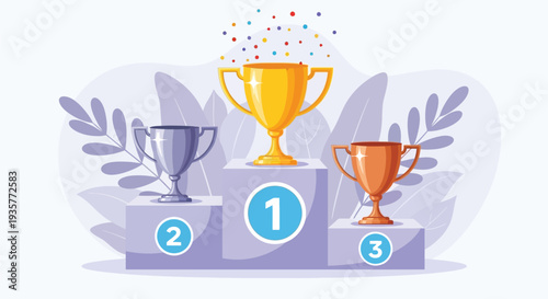 Winner podium with gold, silver and bronze trophies, number one, two, three, celebration of victory, success and achievement concept