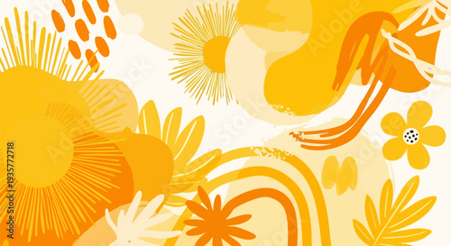 Vector floral pattern with abstract flowers and leaves in orange and yellow hues