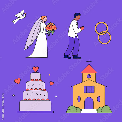 Wedding illustration with bride, groom, church, cake, and rings on purple background, symbolizing love and marriage celebration