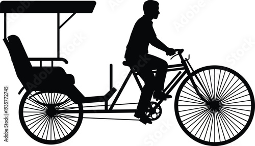 Cycle rickshaw silhouette artwork, traditional transport illustration, human powered commuting design, cultural travel element, urban vehicle graphic, black transportation drawing