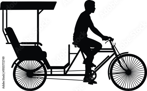 Cycle rickshaw silhouette illustration, traditional transport design, human powered vehicle, urban commuting graphic, cultural travel element, black transportation artwork