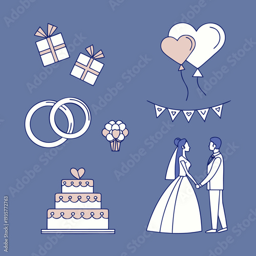 Wedding celebration icons with bride, groom, gifts, cake, and decorations in a joyful illustration for love, marriage, and anniversary concepts