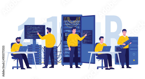 Network and server administration or maintenance concept. it specialists working on data center servers. vector flat illustration