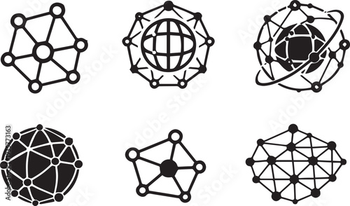 A set of six black and white abstract icons illustrating global connectivity and network structures.