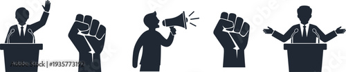 Political protest and activism icons set, raised fist megaphone and speaker podium symbols isolated on white background
