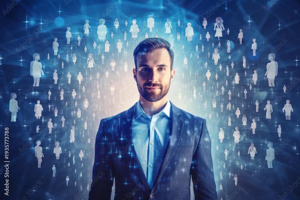 Fototapeta premium Businessman standing in front of digital network with people avatars representing social connections