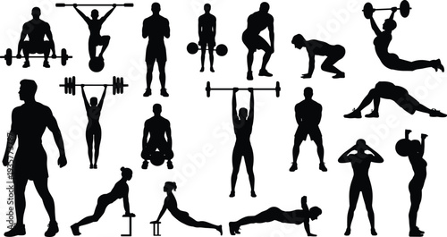 Fitness workout silhouettes collection with strength training exercises, weightlifting, bodybuilding and gym activities isolated on white background illustration