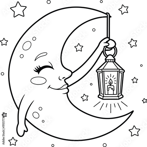 Smiling moon holds lantern under starry night sky with gentle closed eyes wqe (242)