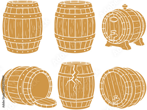 Set of wooden barrels in various orientations and conditions