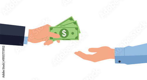 Hand giving money cash to another hand in a transaction representing payment, earning, or financial exchange