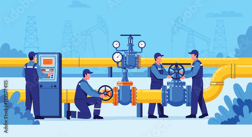 Industrial oil and gas pipeline infrastructure maintenance with workers operating valves and control panel for energy production