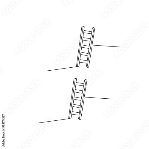 Continuous line drawing of a wooden ladder on a wavy ground
