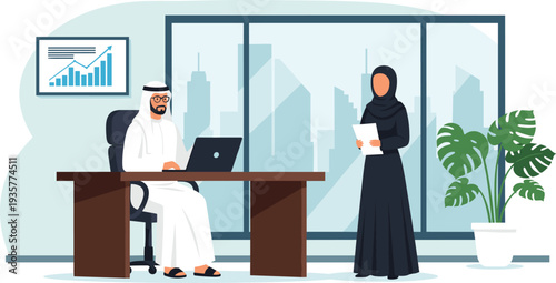 Arab business meeting in modern office with man working laptop and woman holding documents corporate vector illustration