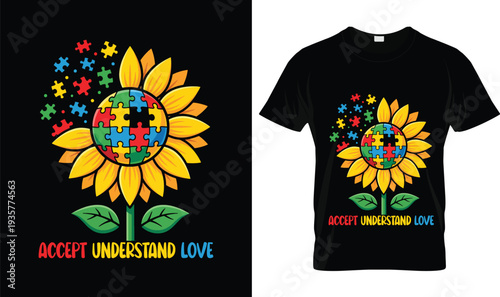 Sunflower Puzzle Accept Love Autism T-Shirt, t-shirt design, tshirt, vector, illustration, logo, apparel, typography, Autism