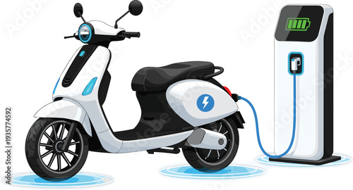 Vector illustration of modern white electric scooter charging at battery station for sustainable urban transport and green energy