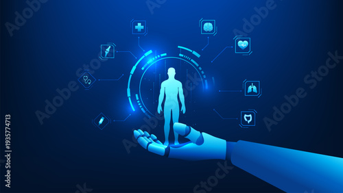 Medical technology background robotic AI hand, projecting holographic human body with internal organs, smart healthcare, AI-assisted diagnosis, digital medicine, innovative patient treatment solutions