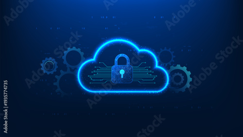 Cloud computing technology background featuring a secure lock integrated with digital circuit lines, representing cloud security, data protection, cybersecurity defense, malware prevention, network
