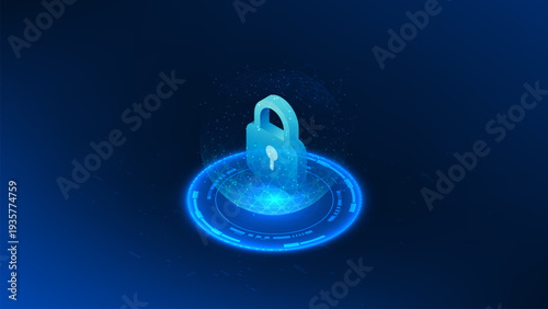 Quantum cyber security technology background digital lock inside a glowing spherical quantum system, representing advanced encryption, data protection, secure computing, futuristic cyber defense.