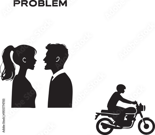 Couple facing each other with a motorcyclist riding away representing relationship problems and separation