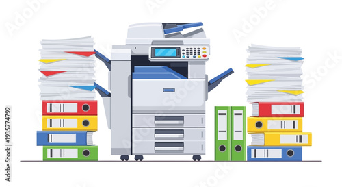Modern printer machine for office work with stack of documents and folders ready for printing copying scanning files and paperwork organization