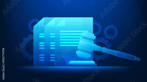 Legal technology background glowing justice gavel with digital documents behind it, AI-powered legal decisions, smart law, automated case analysis, unbiased judgment through artificial intelligence.