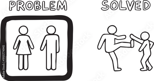 Stick figures showing conflict resolution from problem to solution