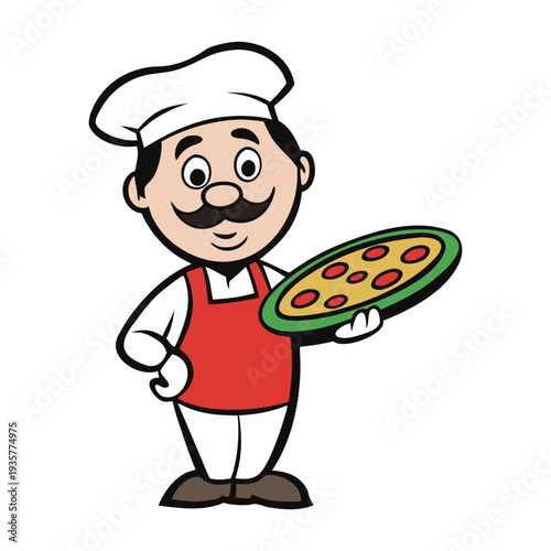 A skilled pizzaiolo proudly presents a freshly baked pizza, topped with rich tomato sauce, melted cheese, and herbs. The classic scene celebrates tradition, flavor, and the art of pizza making. 