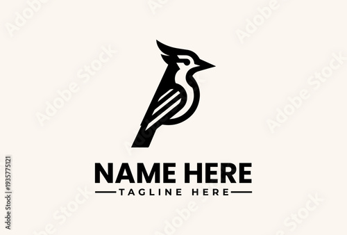 A minimalist illustration of a bird logo with a clean design on a beige background, featuring placeholder text for a business name and tagline.