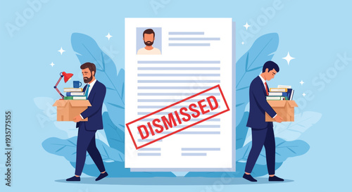 Two dismissed employees carrying boxes with personal belongings walking away from giant dismissal letter concept of job loss unemployment and career problems
