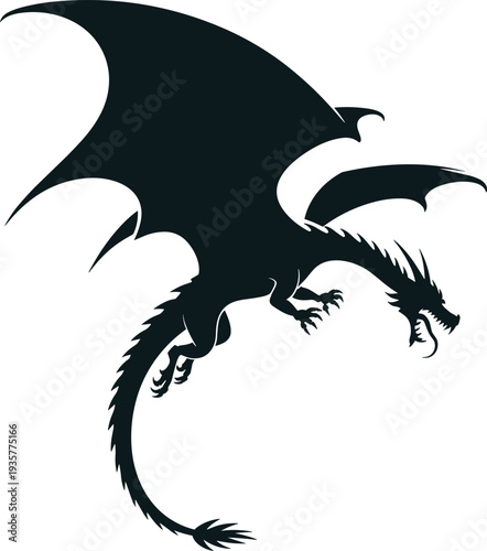 Flying dragon silhouette, fantasy mythical creature with wings isolated on white background dark medieval legend illustration design