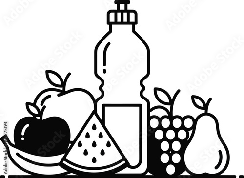 Fresh fruit and bottle on a table indoors with wqe elements