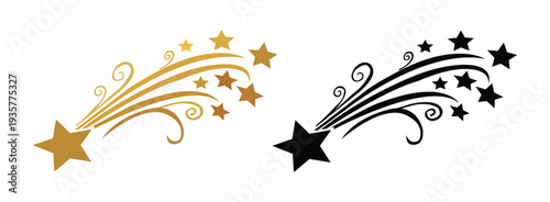 Golden shooting star with sparkle trail, elegant comet swirl black silhouette vector isolated on white