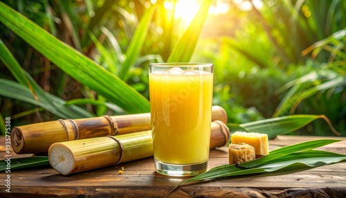 Fresh sugarcane juice glass tropical background