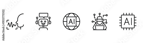 Artificial intelligence set of web icons in line style. AI technology icons for web and mobile apps. Machine learning, algorithm, smart robotics, cloud computing network Vector illustration