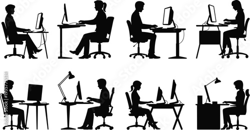 Office workers using desktop computers, business people working at desks, corporate workplace productivity, professional teamwork, office employee silhouette collection set