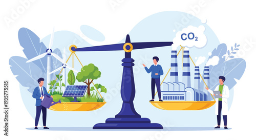 Environmental balance concept with green energy and nature resources on one side of scale and industrial factories emitting co2 on other side