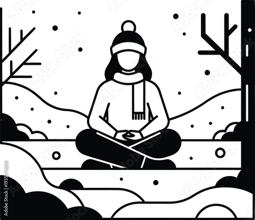 A serene winter scene with a person meditating peacefully outdoors in snow, surrounded by trees, wqe reference