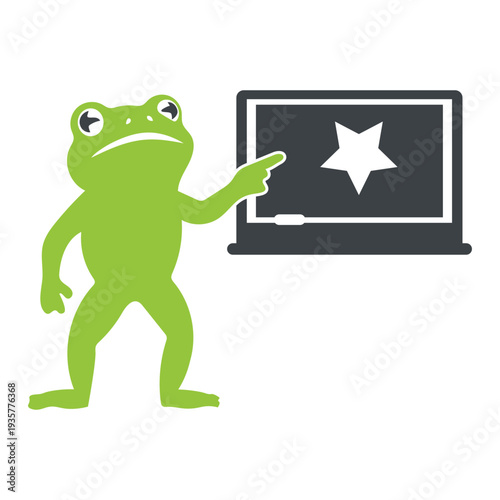 Green frog pointing at laptop screen with white star on blackboard