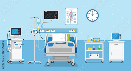 Hospital room with bed, medical equipment, monitor, IV drip, and supplies for patient care and recovery