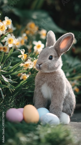 Wallpaper Mural Easter bunny surrounded by colorful eggs garden animal nature close-up whimsical Torontodigital.ca