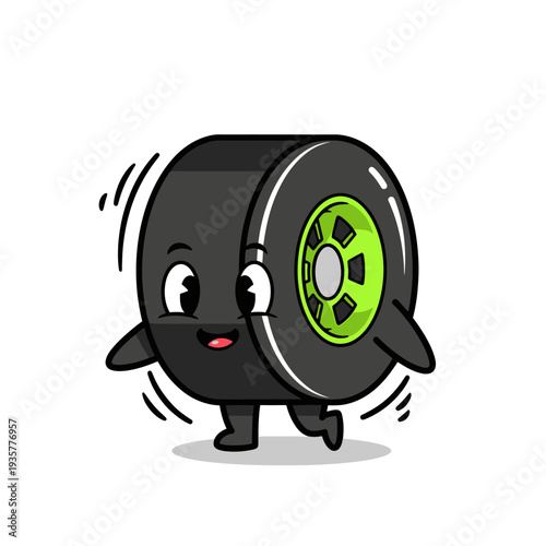 A cartoon tire character with a green rim is running or moving quickly with a happy expression on a simple white backdrop from a straightforward front viewpoint