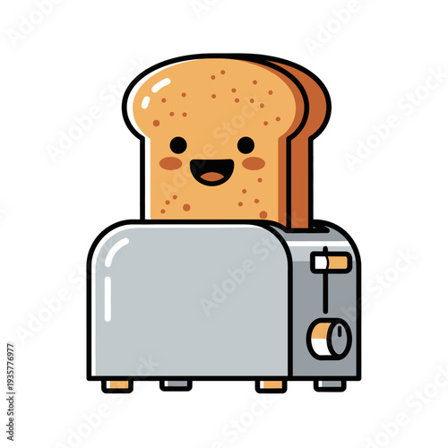 A smiling slice of toast popping out of a toaster, viewed from the front, in a simple, cartoonish style, conveying a cheerful breakfast scene.