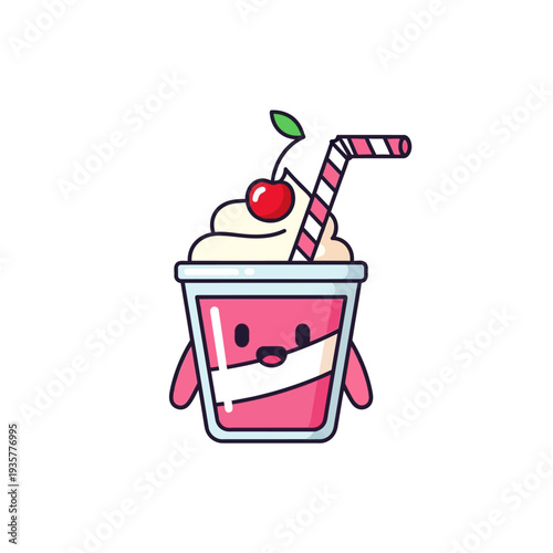 A cartoon milkshake with a smiling face, topped with whipped cream, a cherry, and a striped straw, presented in a friendly and approachable manner.