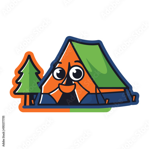 A cartoon illustration of a smiling tent with a green roof and a tree in the background, representing a camping scene from a front viewpoint.