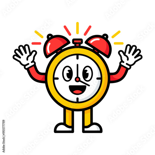 A cartoon alarm clock character with red bells and yellow body is standing and waving its hands in excitement illustration