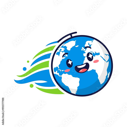 A cheerful cartoon globe character with a smiling face surrounded by swirling blue and green lines, representing global movement and energy
