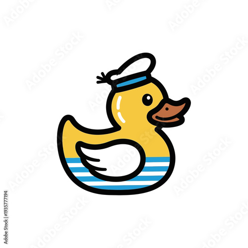 A cartoon duck wearing a sailor hat floats on a rubber ring, ready for adventure on the ocean, depicted in a playful illustration style, viewed from the side.