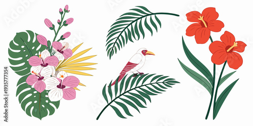 Gemini said

Tropical summer nature illustration featuring a floral pattern of spring blossoms, green leaves, and a bird with a butterfly on a tree branch