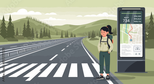 Young traveler with backpack and smartphone on road.